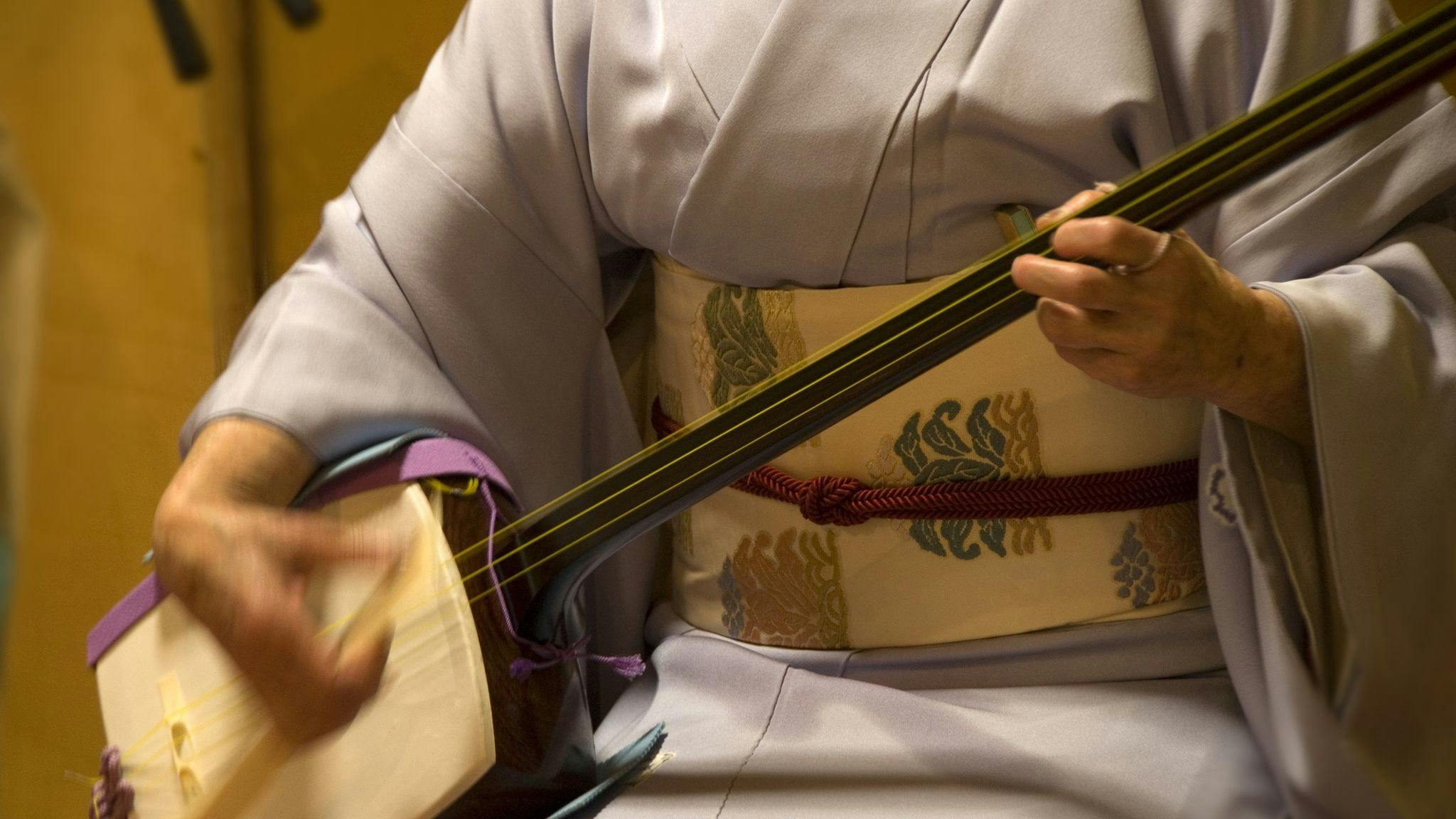 Geisha playing traditional Japanese musical instrument