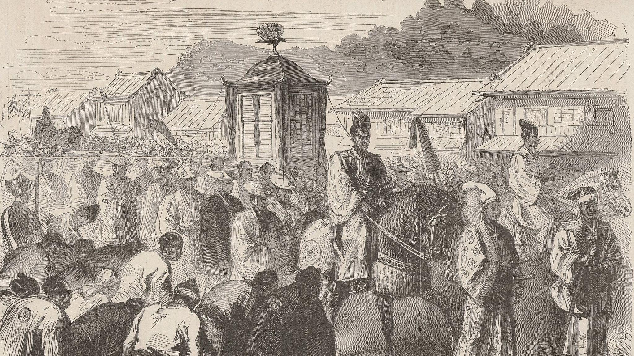 The fifteen-year-old Meiji Emperor, moving from Kyoto to Tokyo at the end of 1868, after the fall of Edo