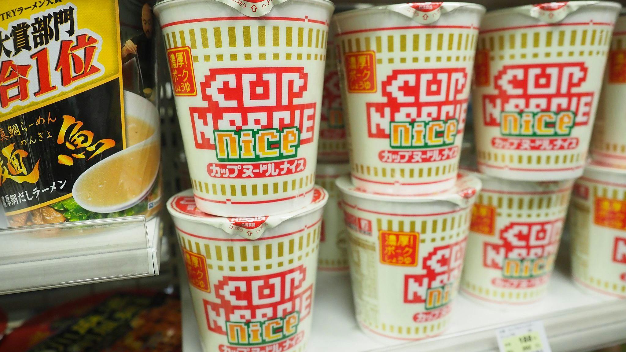 Cup Noodles on a shelf in a convenience store